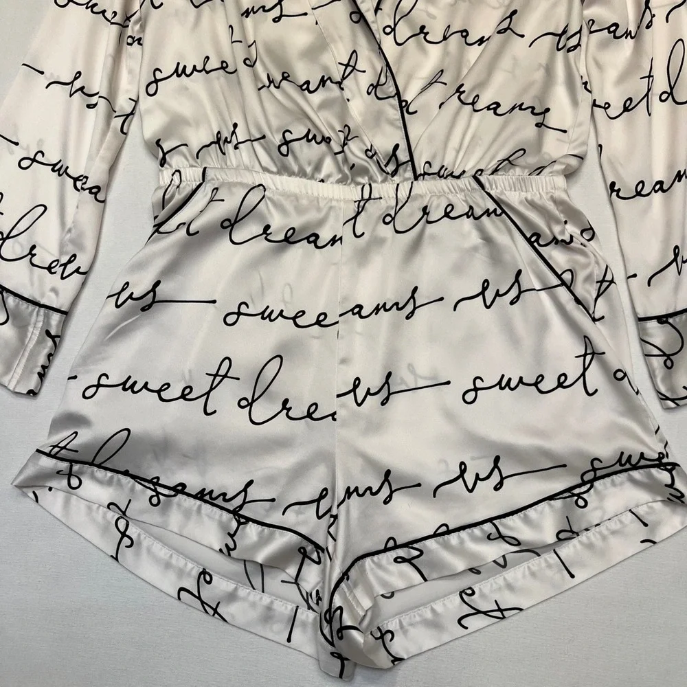 Victoria's Secret White Satin Script Print Pajama Romper Sleepwear Size‎ M